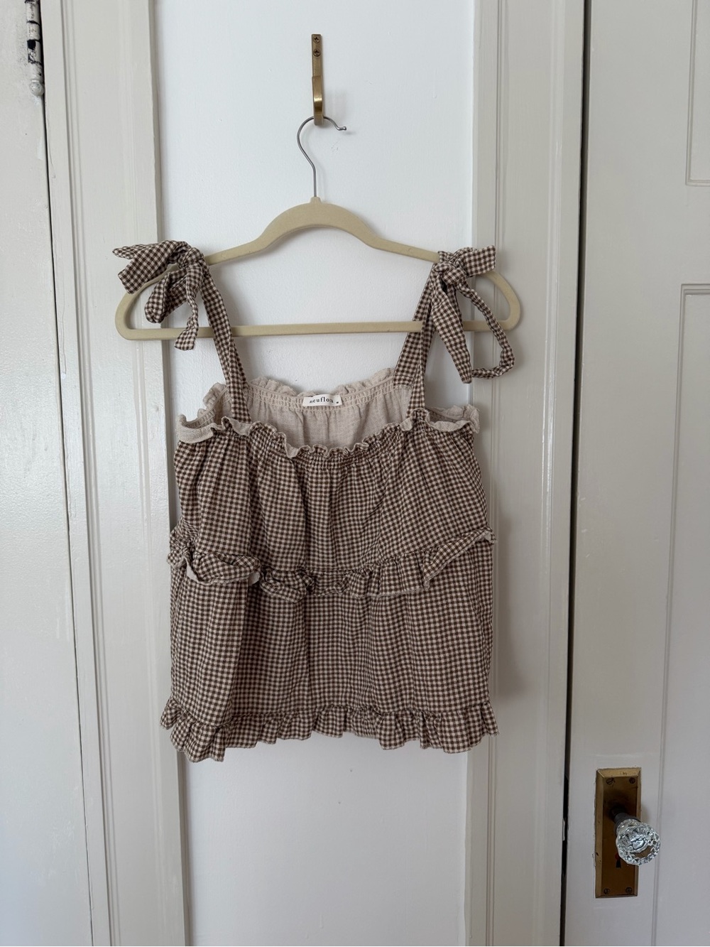 Neuflora Gingham Ruffle Tie-Shoulder Tank Top - Brown